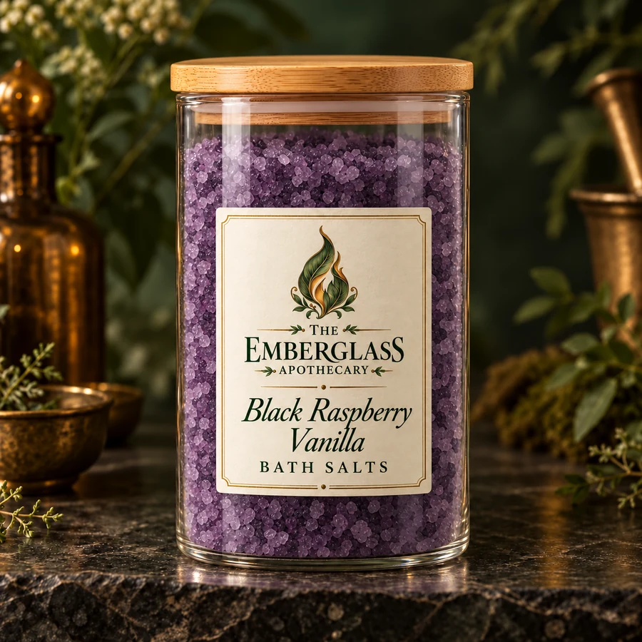 Black Raspberry Vanilla Bath Salts in a clear glass jar with bamboo lid — AI product mockup