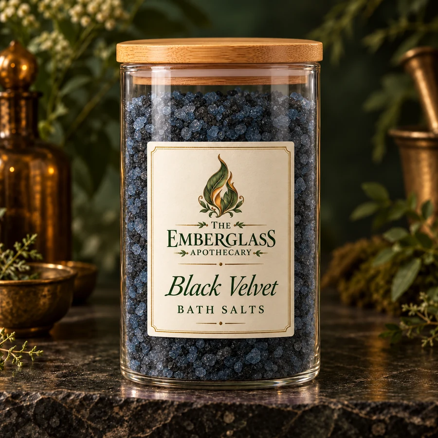 Black Velvet Bath Salts in a clear glass jar with bamboo lid — AI product mockup