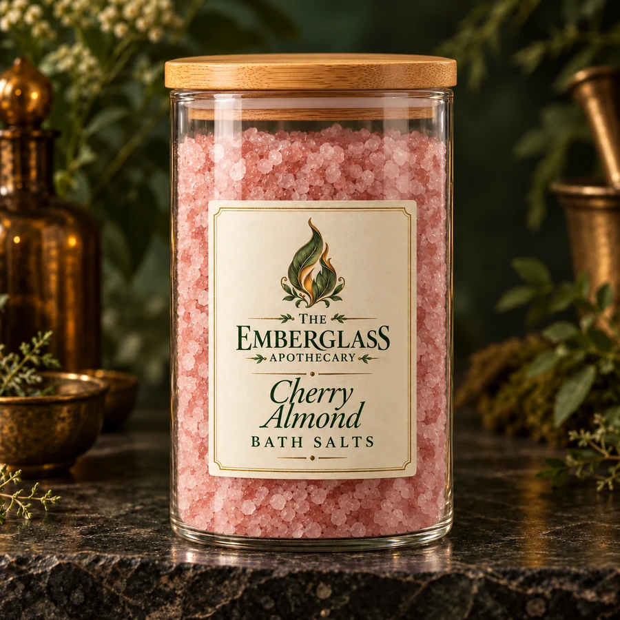 Cherry Almond Bath Salts in a clear glass jar with bamboo lid — AI product mockup