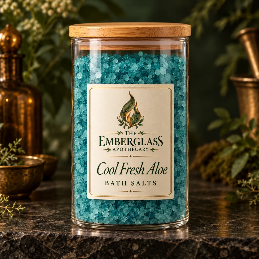 Cool Fresh Aloe Bath Salts in a clear glass jar with bamboo lid — AI product mockup