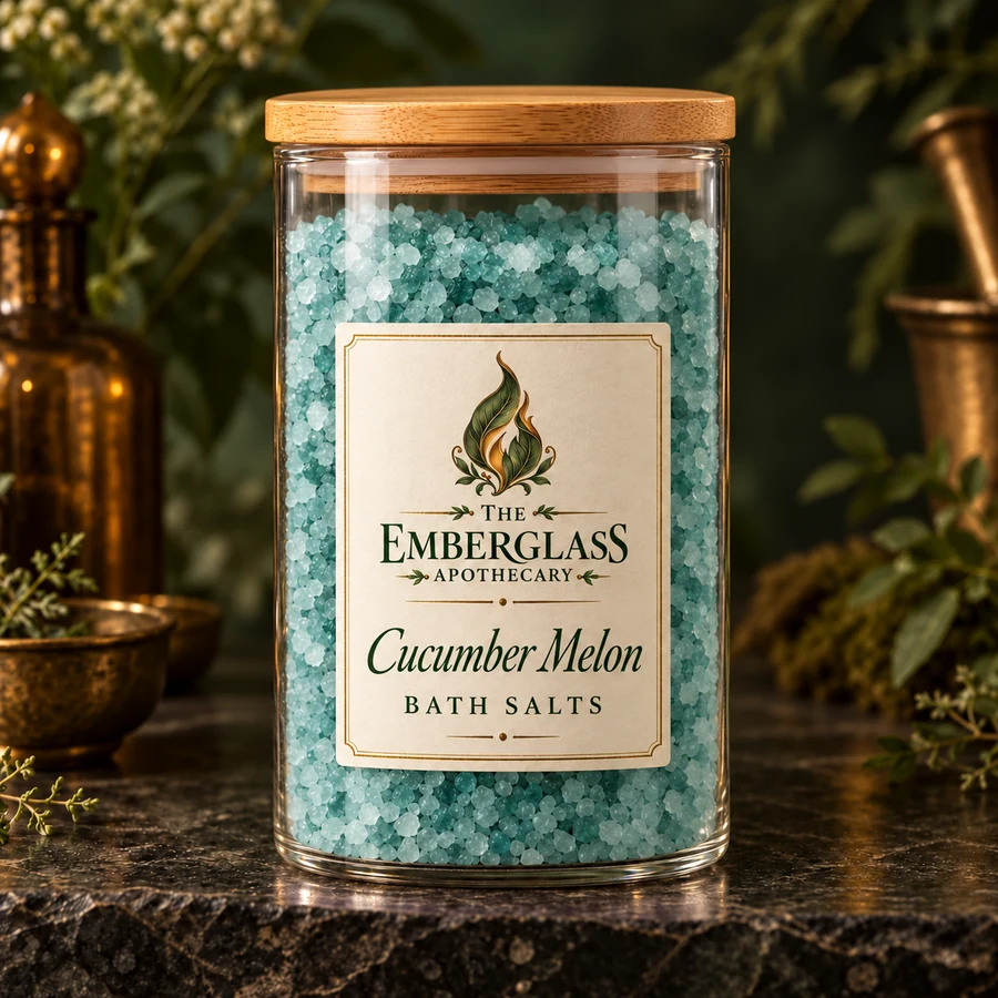 Cucumber Melon Bath Salts in a clear glass jar with bamboo lid — AI product mockup