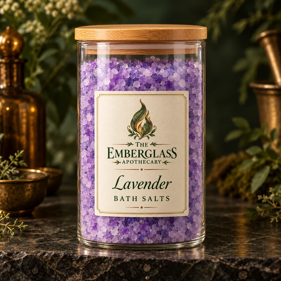 Lavender Bath Salts in a clear glass jar with bamboo lid — AI product mockup