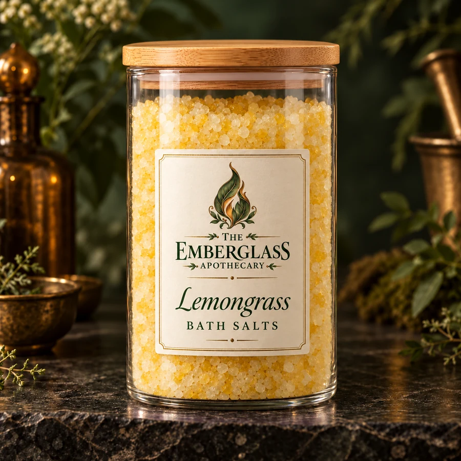 Lemongrass Bath Salts in a clear glass jar with bamboo lid — AI product mockup