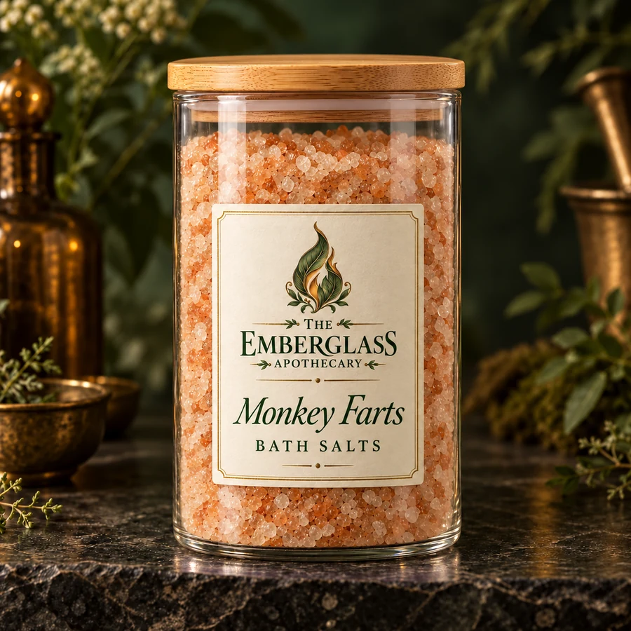 Monkey Farts Bath Salts in a clear glass jar with bamboo lid — AI product mockup