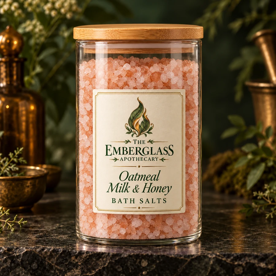 Oatmeal Milk & Honey Bath Salts in a clear glass jar with bamboo lid — AI product mockup