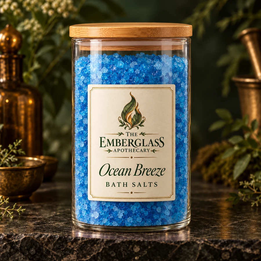 Ocean Breeze Bath Salts in a clear glass jar with bamboo lid — AI product mockup