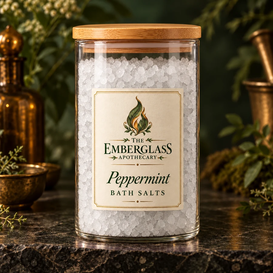 Peppermint Bath Salts in a clear glass jar with bamboo lid — AI product mockup