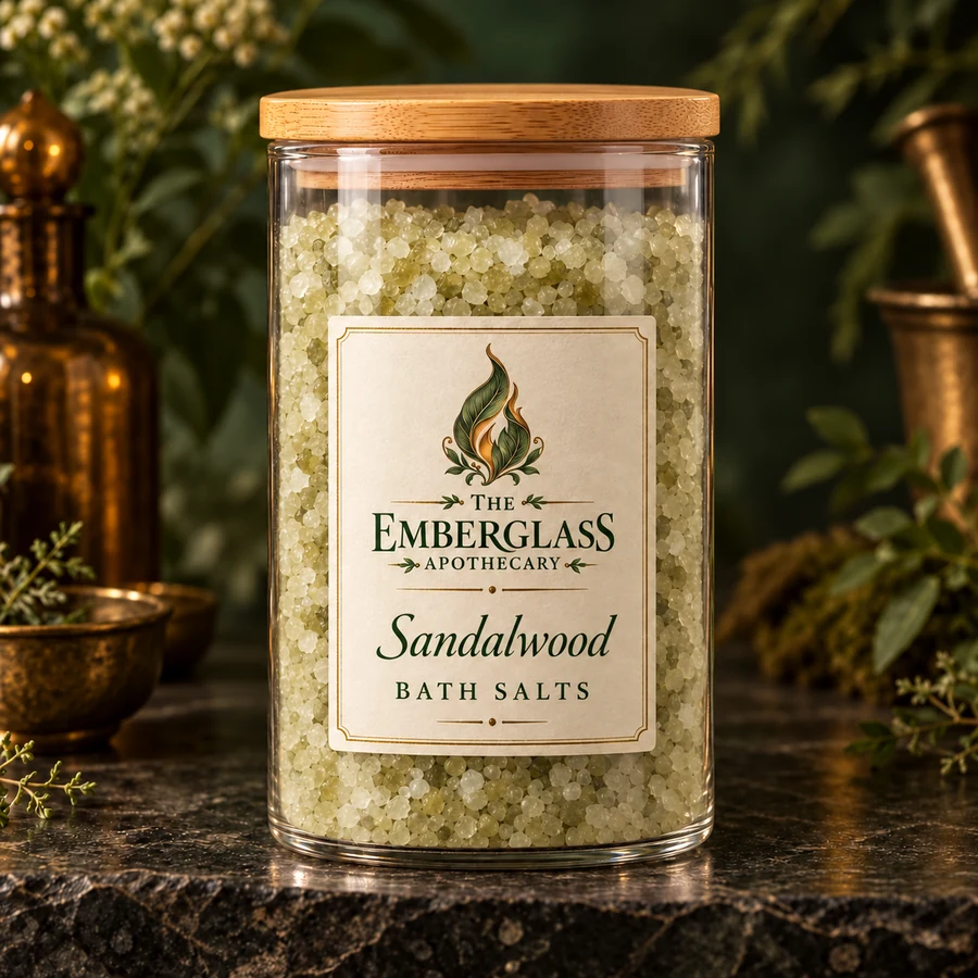 Sandalwood Bath Salts in a clear glass jar with bamboo lid — AI product mockup