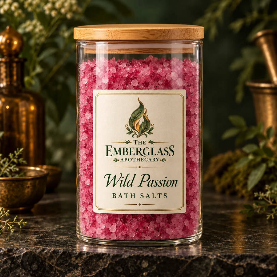 Wild Passion Bath Salts in a clear glass jar with bamboo lid — AI product mockup