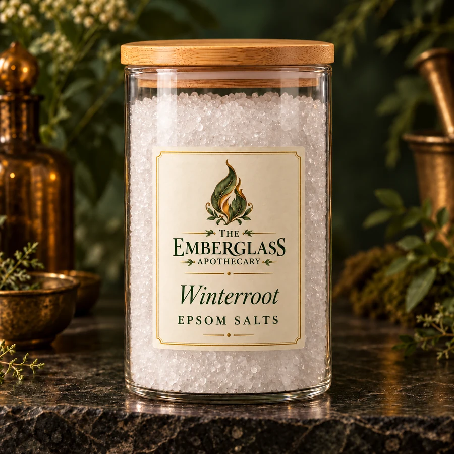 Winterroot Epsom Salts in a clear glass jar with bamboo lid — AI product mockup