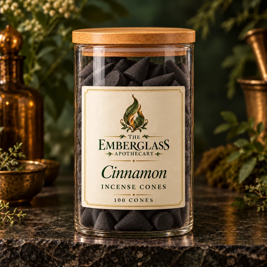 Cinnamon Incense Cones in an Emberglass glass storage jar with bamboo lid — AI product mockup