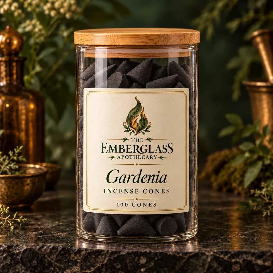 Gardenia Incense Cones in an Emberglass glass storage jar with bamboo lid — AI product mockup