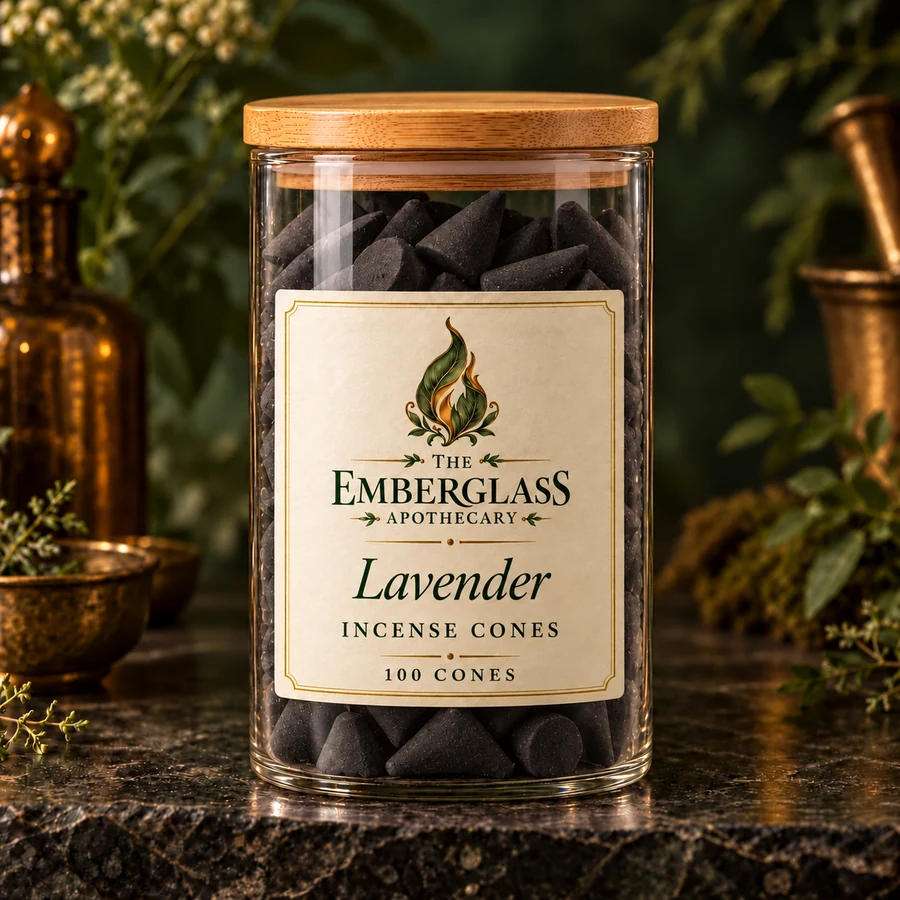 Lavender Incense Cones in an Emberglass glass storage jar with bamboo lid — AI product mockup