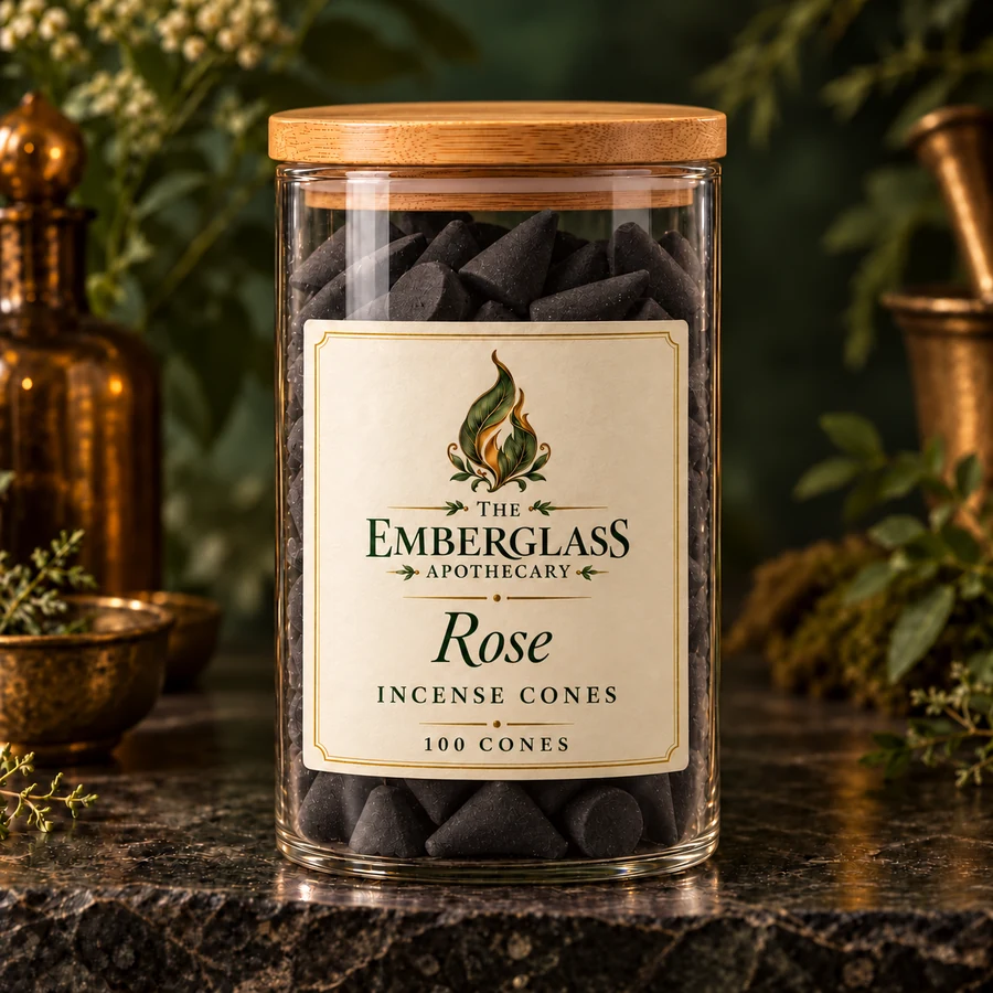 Rose Incense Cones in an Emberglass glass storage jar with bamboo lid — AI product mockup
