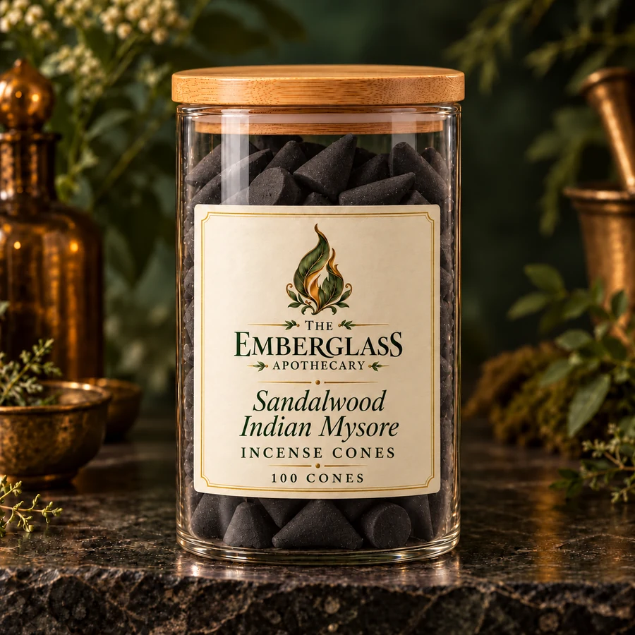 Sandalwood Indian Mysore Incense Cones in an Emberglass glass storage jar with bamboo lid — AI product mockup