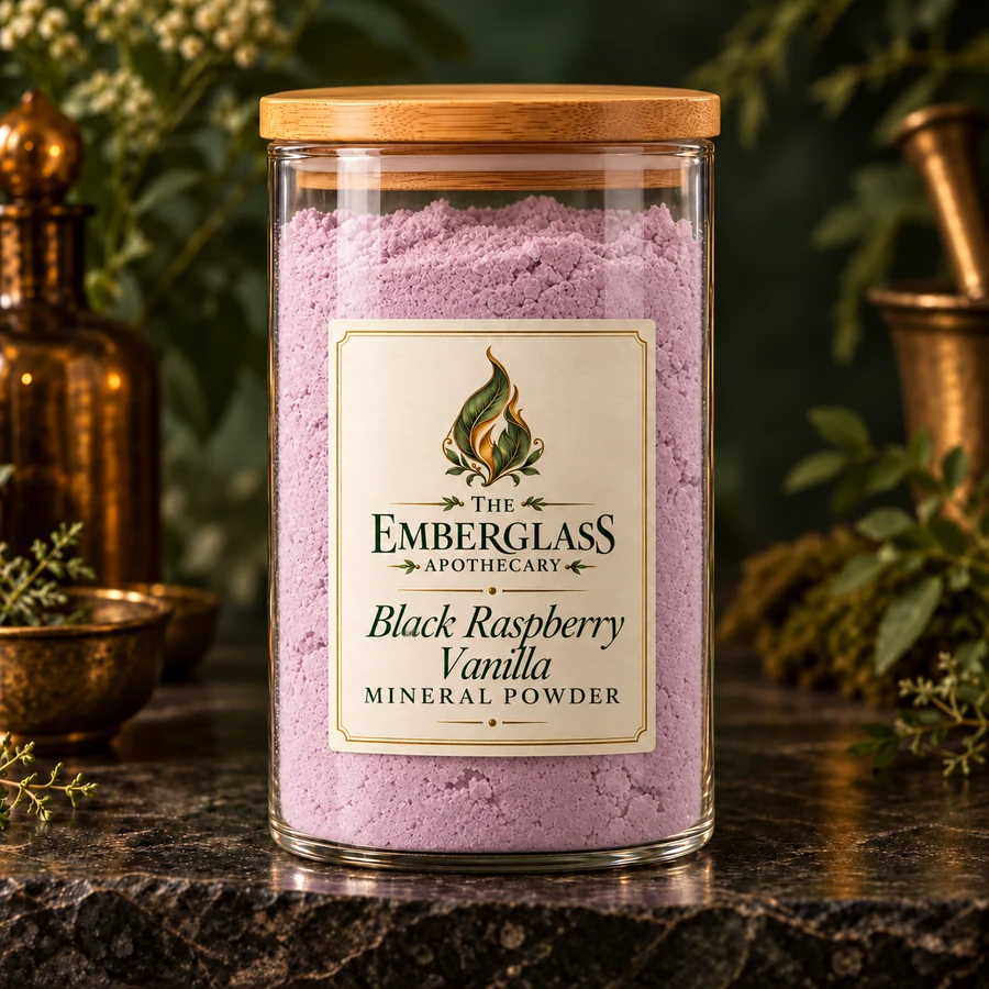 Black Raspberry Vanilla Mineral Powder in a clear glass jar with bamboo lid — AI product mockup