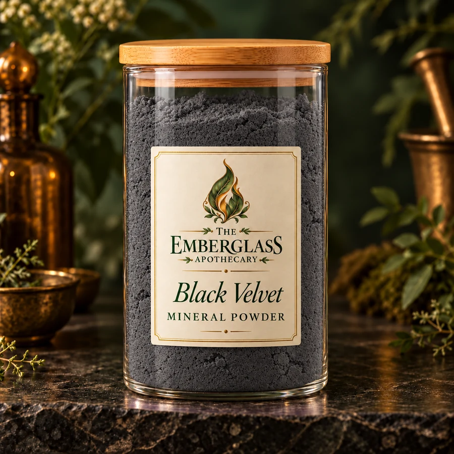 Black Velvet Mineral Powder in a clear glass jar with bamboo lid — AI product mockup