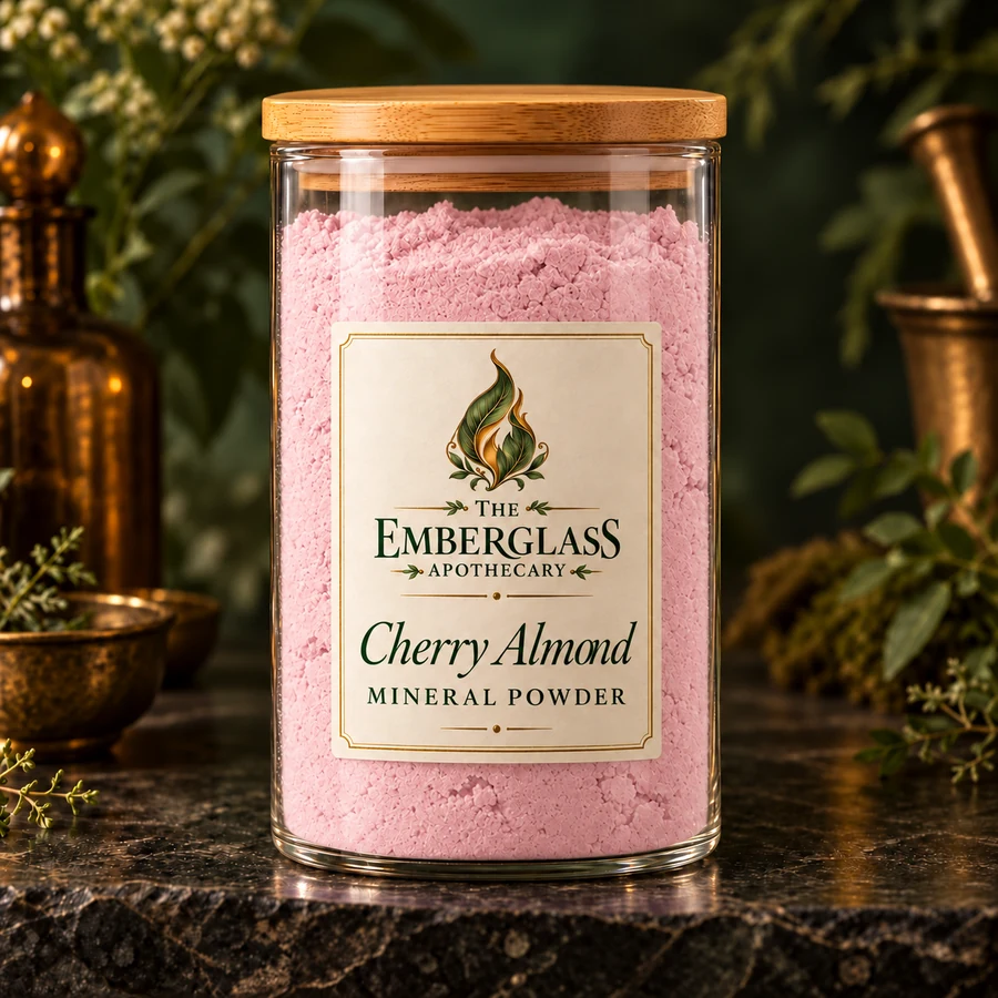 Cherry Almond Mineral Powder in a clear glass jar with bamboo lid — AI product mockup