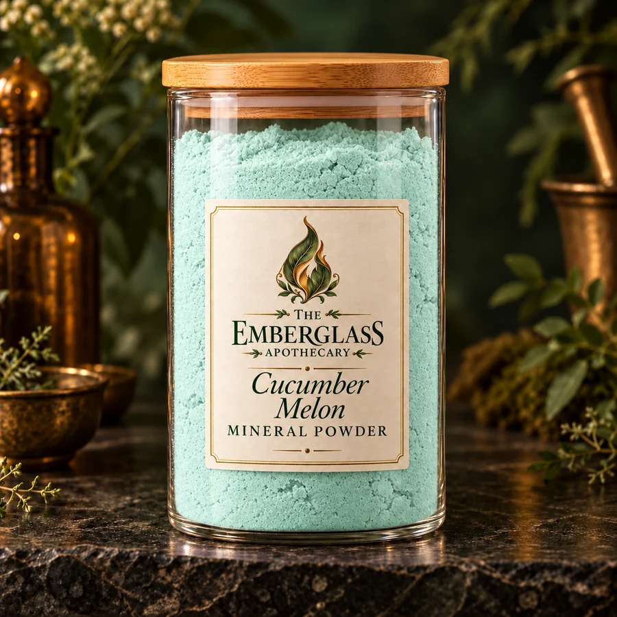 Cucumber Melon Mineral Powder in a clear glass jar with bamboo lid — AI product mockup