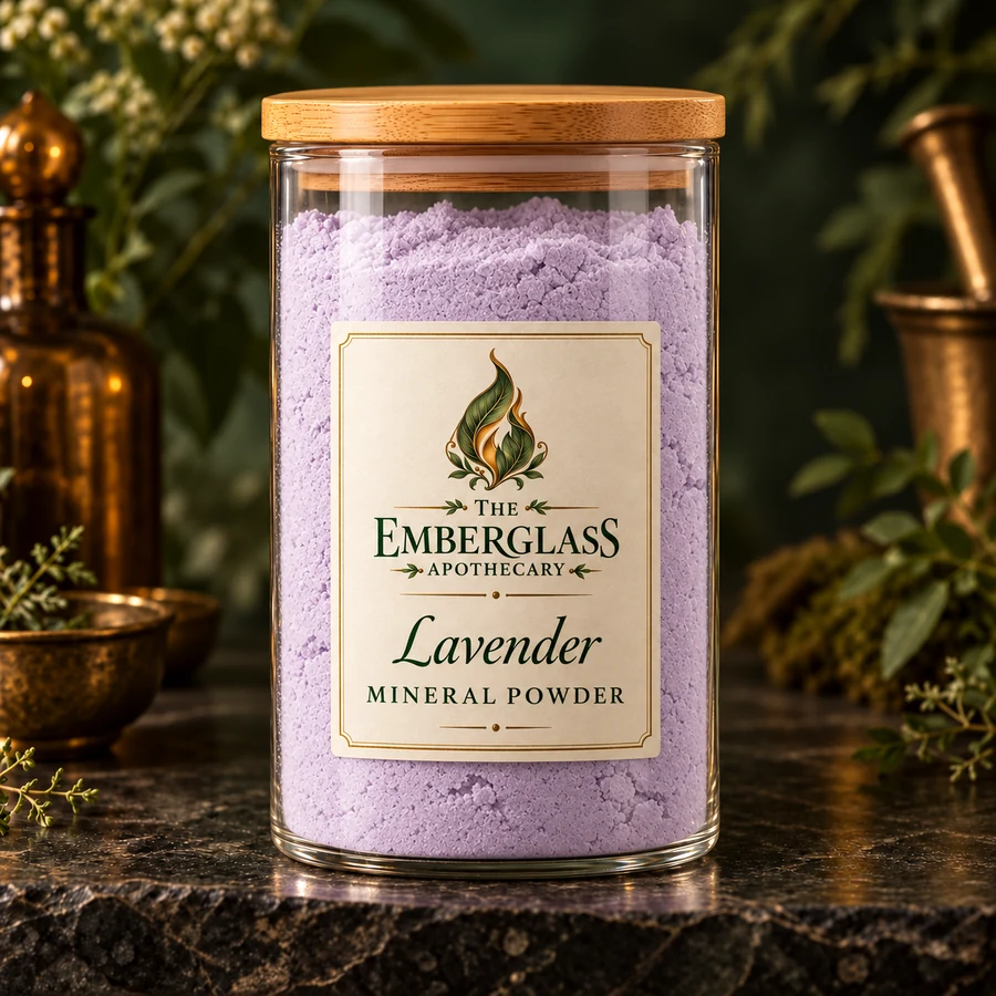 Lavender Mineral Powder in a clear glass jar with bamboo lid — AI product mockup