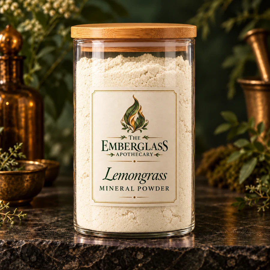 Lemongrass Mineral Powder in a clear glass jar with bamboo lid — AI product mockup