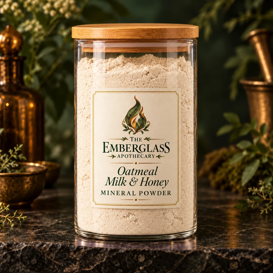 Oatmeal Milk & Honey Mineral Powder in a clear glass jar with bamboo lid — AI product mockup