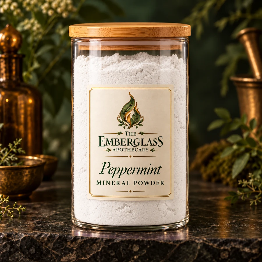 Peppermint Mineral Powder in a clear glass jar with bamboo lid — AI product mockup