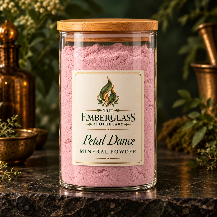 Petal Dance Mineral Powder in a clear glass jar with bamboo lid — AI product mockup