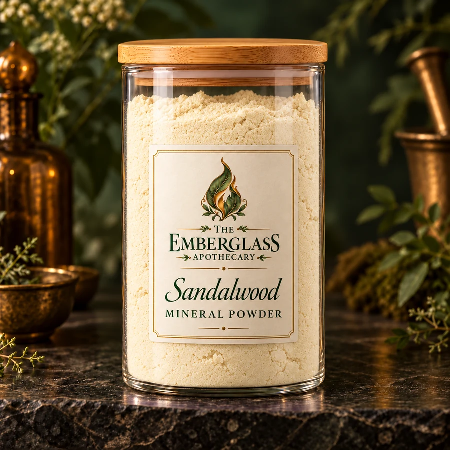 Sandalwood Mineral Powder in a clear glass jar with bamboo lid — AI product mockup
