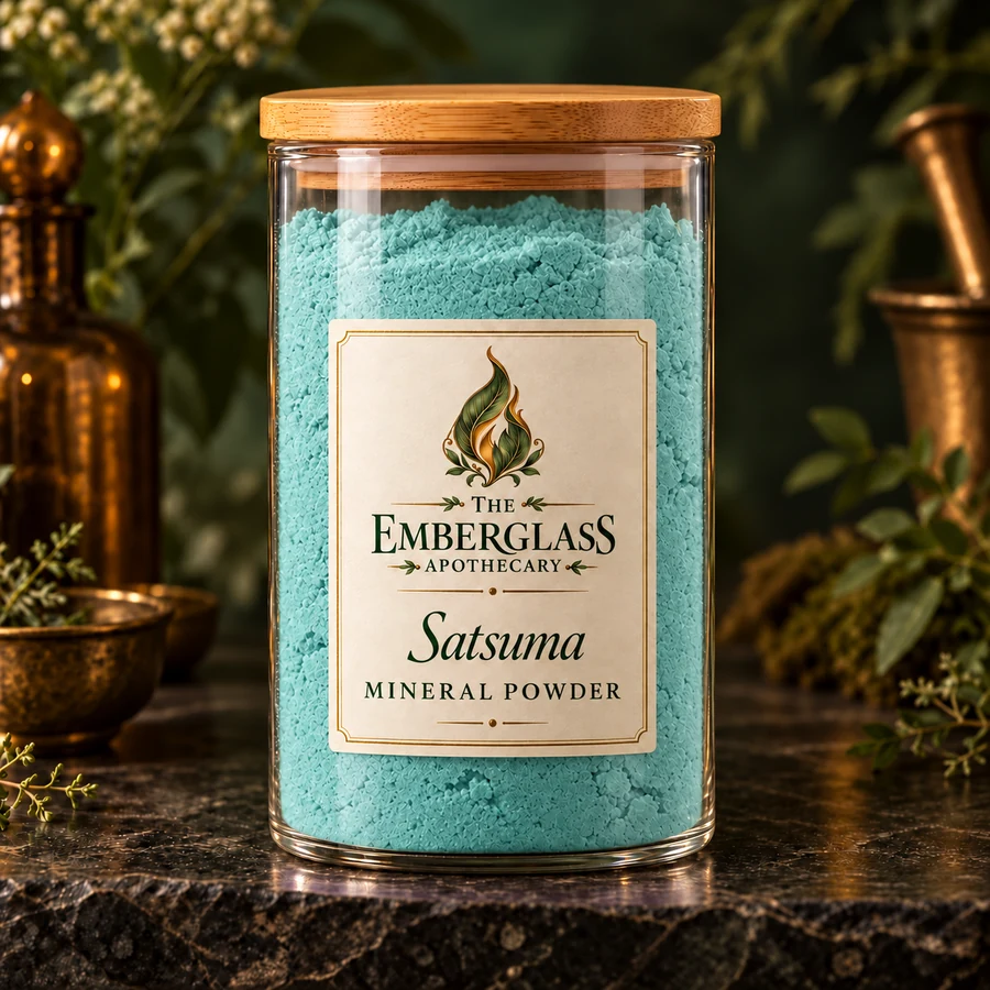 Satsuma Mineral Powder in a clear glass jar with bamboo lid — AI product mockup