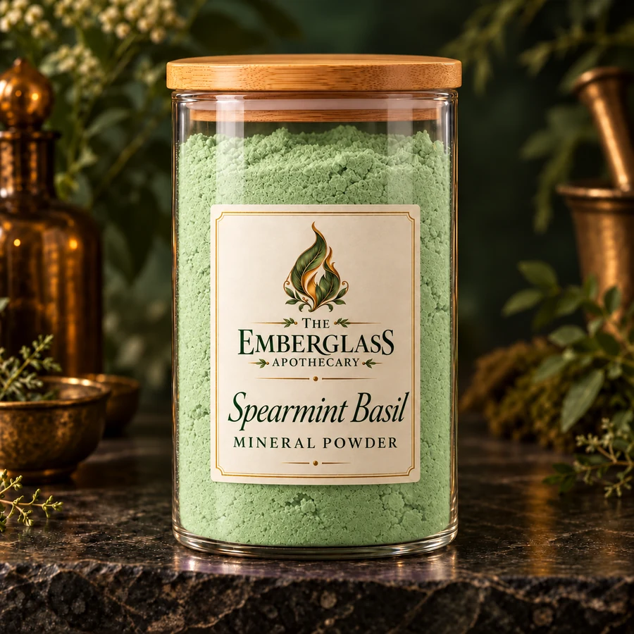 Spearmint Basil Mineral Powder in a clear glass jar with bamboo lid — AI product mockup