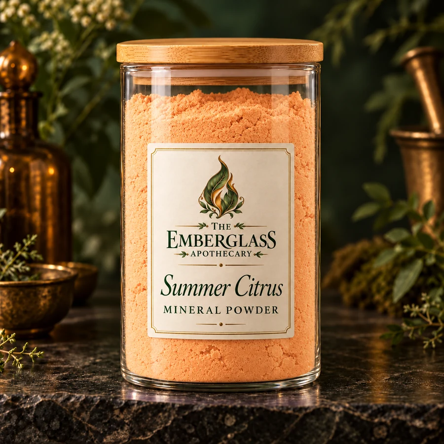 Summer Citrus Mineral Powder in a clear glass jar with bamboo lid — AI product mockup