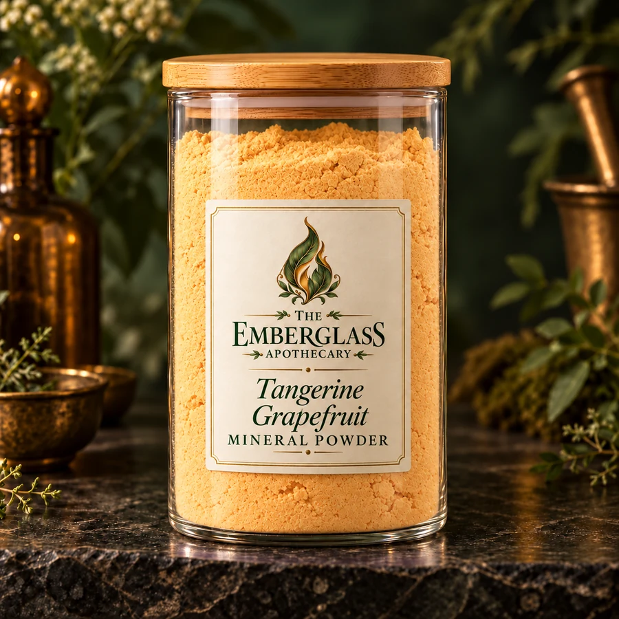 Tangerine Grapefruit Mineral Powder in a clear glass jar with bamboo lid — AI product mockup