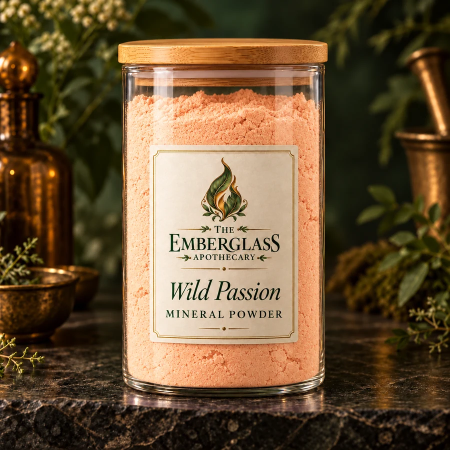 Wild Passion Mineral Powder in a clear glass jar with bamboo lid — AI product mockup